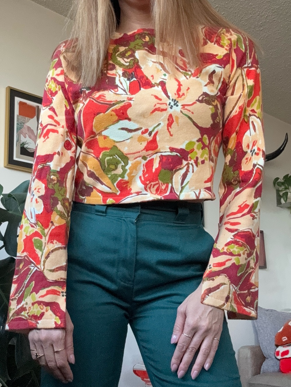 Zara Red & Cream Floral Cropped Top
